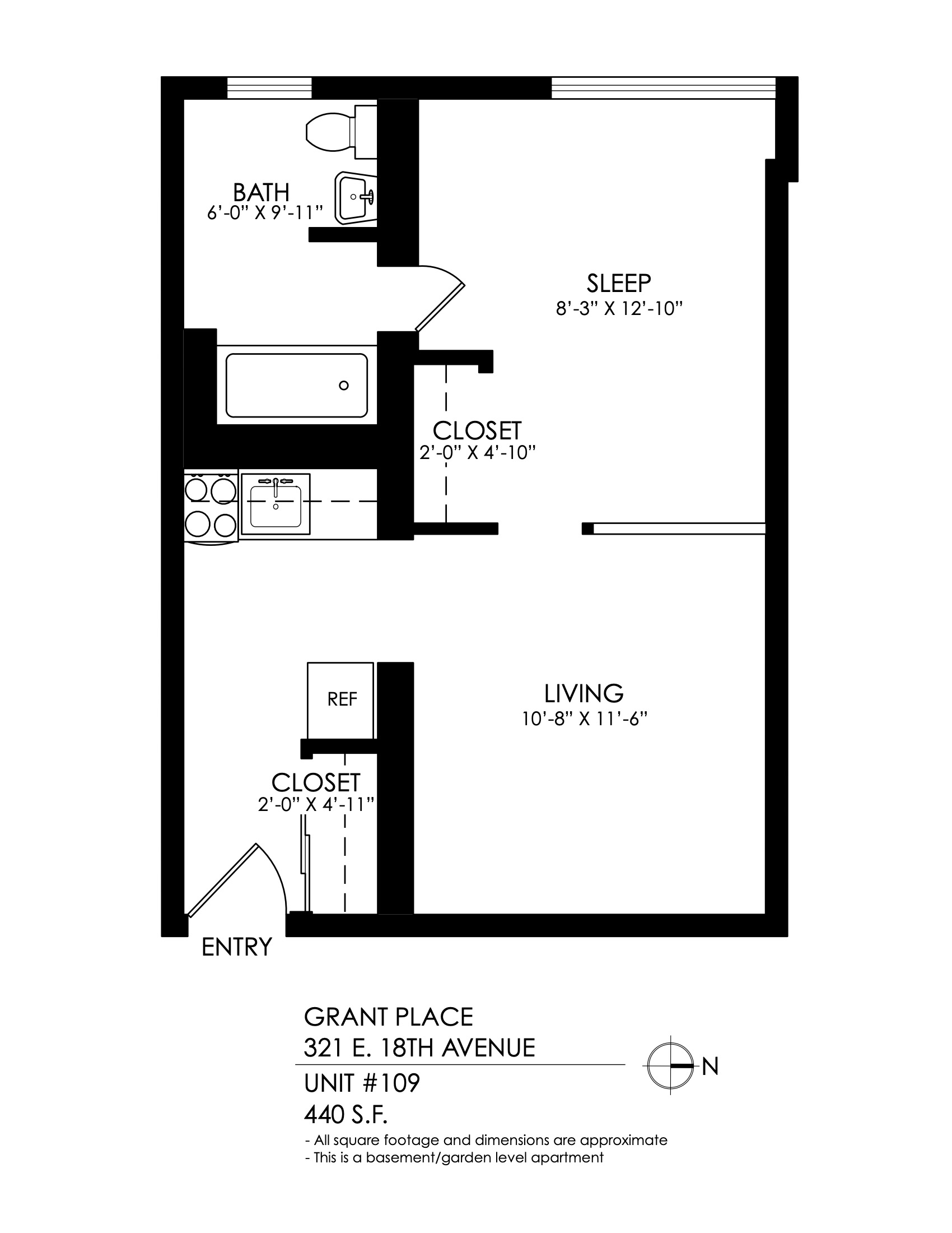Floor plan for 1 bed, 1 bath, 460 sqft